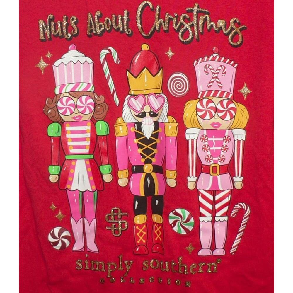 Simply Southern Kids Nuts‎ About Christmas Long Sleeve Crew T-Shirt Red SM $26